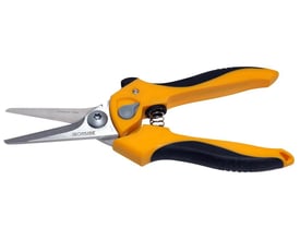 Ironside universalsaks med lige stålklinger og orange-sort 2-komponentgreb, vist åben fra siden.