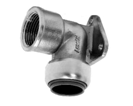 Roth dækvinkel 22mm x 3/4" i rustfrit stål, vist med muffesamling og 90 graders bøjning.