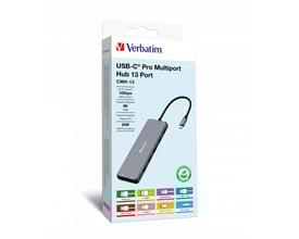 Verbatim USB-C Pro Multiport Hub CMH-13 i grå, med oversigt over porte og specifikationer på emballagen.