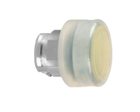 Schneider Electric ZB4 trykknap med gul betjeningsknap og klar hætte, med kromfarvet frontring og Ø22mm monteringsdiameter.
