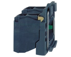 Schneider Electric Harmony XB5 kontaktelement med 2 NO-kontakter, sidevisning der fremhæver kunststofkonstruktionen og metalmonteringsdetaljer.