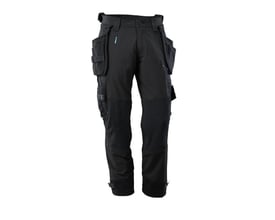 Forreste del af sorte Mascot arbejdsbukser 17031-311, der viser knælommer med Kevlar®-forstærkning og lynlåsdetaljer.