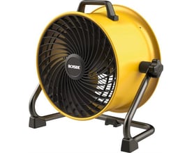 Ironside industriventilator på 41 cm og 110 W, set skråt forfra med gul blæserhus, sort gitter og bærehåndtag.