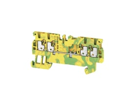 Perspektivbillede af Weidmüller A4C gennemgangsklemme, der viser dens kompakte design og PUSH IN tilslutningstype i gul/grøn.