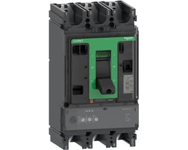 Schneider Electric ComPacT NSX400F 3-polet maksimalafbryder med MicroLogic 2.3 strømrelæ, viser den grønne afbryder og grå kabinet.