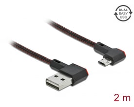 Sort DeLock USB 2.0-kabel på 2 meter med flettet udseende og vinklede EASY-USB Type-A- og Micro-B-hanstik.