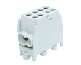 Pollmann HLAK klemme i grå plast, med plads til 6 ledere og dobbelt skrueindgang for optimal forbindelse.