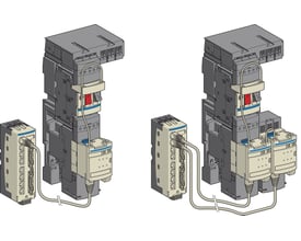 Schneider Electric TeSys U starter med tilsluttet splitterboks med 8 RJ45 porte og kabler, vist i et installationsskema.