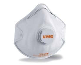 Hvid Uvex classic 2210 FFP2-støvmaske med udåndingsventil og formet næsebøjle, set forfra.