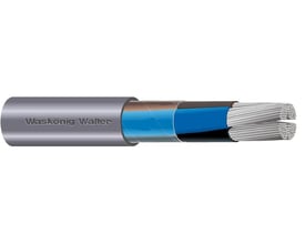 Aluminiumskabel 4x240mm² med navnet Waskönig Walter, viser den lysegrå kappe og de fire indre ledere i blå, brun og sort isolering.