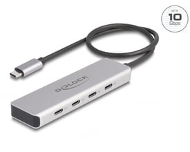 Nærbillede af DeLock USB Type-C hub med 4 porte, tydeligt mærket med '10 Gbps' på den slanke, grå metalkrop.