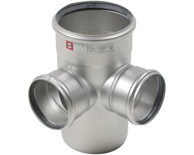 Blücher dobbelt grenrør i rustfrit stål AISI304, ø160/110mm, med 87,5° vinkel, vist fra siden på hvid baggrund.