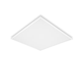 Hvidt, kvadratisk Ledvance LED-panel Flex Zigbee Direct Easy med bred lysflade, set skråt ovenfra.
