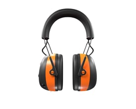 ISOtunes Air Defender Orange høreværn vist forfra, med markante orange striber og sort hovedbøjle.