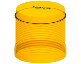 Siemens gul signallampe 70mm med elektronisk blitz og 230V spænding, vist på en hvid baggrund.