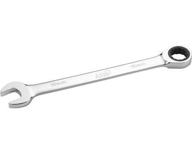 Ringgaffelnøgle i mat chrom med skralde, 16 mm størrelse tydeligt markeret på værktøjet og ASW logo.