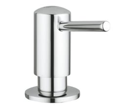 Nærbillede af Grohe Contemporary sæbedispenser i krom, der viser den blanke finish og detaljer på pumpe og base.