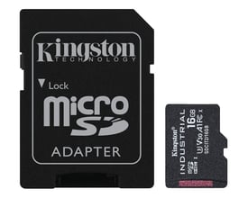 Sort Kingston 16 GB microSDHC Industrial-kort ved siden af den medfølgende SD-adapter.