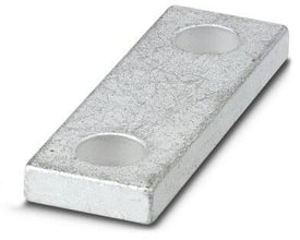 Feed-through terminal block RBO 12-VS 2 fra Phoenix Contact, en rektangulær metalforbindelseskomponent med to runde huller.