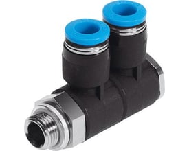 Festo multifordeler QSLV2-G1/8-6 med to blå koblingsstykker og en G1/8 gevindtilslutning i metal.