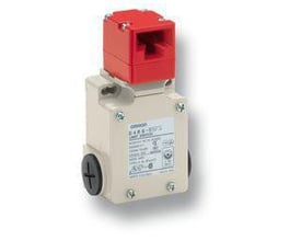 Omron D4BS-2AFS sikkerhedslåsemekanisme med 2 NC kontakter og 10A strømstyrke, vist i et let skyggefuldt miljø.