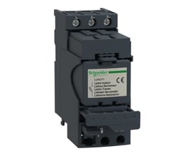 Schneider Electric strømbegrænser LUALF1 med 440V spænding og mærkat med CE-godkendelse, monteret på en hvid baggrund.