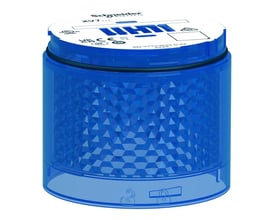 Schneider Electric blå LED lysmodul, 70mm diameter, med fast lys og diamantformet reflektor forsynet med mærkningssymboler.