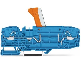 Wago WSB lynmærke, serie 209, med blå plast og orange vippe for nem montering på bredde 5-17,5 mm.