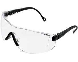 Honeywell Op Tema sikkerhedsbrille med klar linse, justerbare sorte stænger og en blød næsepude på hvid baggrund.