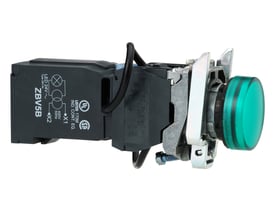 Schneider Electric grøn pilotlampe, 440-460VAC, med LED og transformer, vist fra siden med metalbeslag.