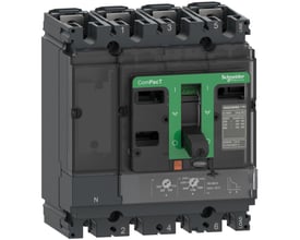 Schneider Electric ComPacT NSX250B 4P maksimalafbryder med grå og sort kabinet, grønt betjeningshåndtag og tydelige mærkningsdetaljer.