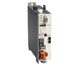 Schneider Electric LXM32 modular servodrev med 30A peak, 1x230V, viste front og side med diverse tilslutninger.