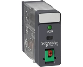 Schneider Electric Harmony RXG stikbensrelæ med 1 C/O kontakt, 10A, 120V AC, grå med grøn og rød betjeningselement.