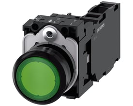 Siemens 22mm oplyst trykknap med grøn, rund aktuator, 1NO/1NC kontakt, 230V LED og skrueterminaler.