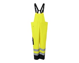 Brandhæmmende Hi-Vis regnoveralls fra Lyngsøe Rainwear i størrelse 2XL, set forfra med gule ben og seler.