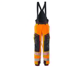 Detaljebillede af Mascot Hi-Vis vinterbuksens side med lommer og reflekser, der viser design og funktioner.