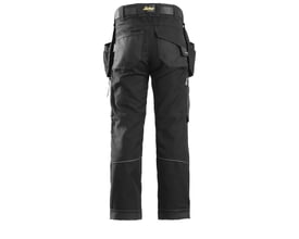Bagfra af Snickers Workwear FlexiWork junior arbejdsbukser i sort, viser forstærkede knæ og detaljer på bagsiden.