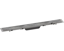 Hansgrohe afløbsrende 600 mm med rammeløst design og flisebar rist i rustfrit stål, vist fra en skrå vinkel med synlige monteringsdetaljer.