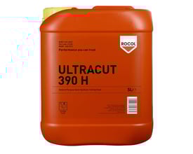 Detaljeret frontbillede af Rocol Ultracut 390H 5 liters emballage, med produktinformation og stregkode synlig på den orange beholder.