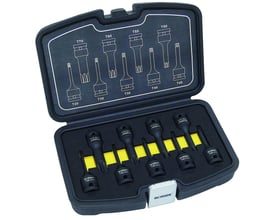 Åben æske med Ironside krafttoppesæt Torx, 1/2", 78 mm, med toppe mærket fra T20 til T70.