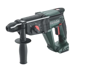 Detaljeret billede af Metabo KH 18 LTX 24 kombihammer, der viser Vario-elektronik, SDS-Plus chuck og LED-lys.
