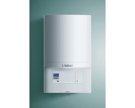 Vaillant Ecotec Pro VC DK 236/5-3 H gaskedel monteret på en turkisblå væg, viser det fulde apparat og kontrolpanelet.