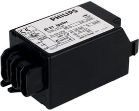 Philips Lighting SI51 tændingsenhed til 400W HPL(T) lamper, vist fra siden med mærkat og tilslutningsklemmer.