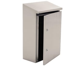 Eldon vægskab i rustfrit stål, 400x300x155 mm, med åben dør der viser to låse på forsiden, isoleret på hvid baggrund.