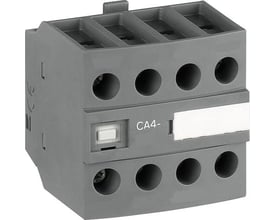 ABB hjælpekontakt CA4-04E set fra siden, med fokus på dens kompakte design og tilslutningsåbninger uden terminaler synlige.