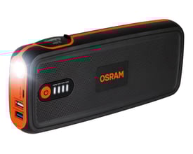 Osram BATTERYstart 400 jumpstarter og powerbank med 16.800 mAh, der viser LED-indikatorer og USB-porte på hvid baggrund.