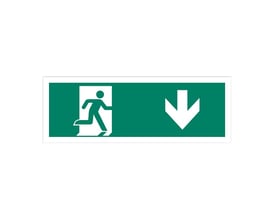 Grønt flugtvejsskilt i plast med symbol for person der løber ud af en dør og en pil der peger nedad. Mål 150x300 mm.