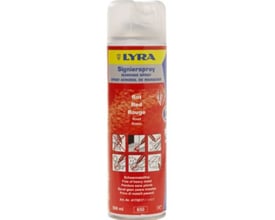 Lyra markeringsspray 500 ml i rød, vist fra en lidt anden vinkel, med fokus på etikettens tekst og billeder.