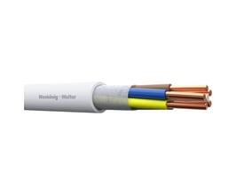 Halogenfrit installationskabel fra Waskönig + Walter med fem kobberledere, isoleret i grå, brun, blå, gul/grøn og sort på hvid baggrund.