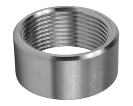 Maskinbearbejdet Indura halvmuffe 1.1/2" i rustfrit stål AISI 316 set forfra, viser præcise indvendige gevind.